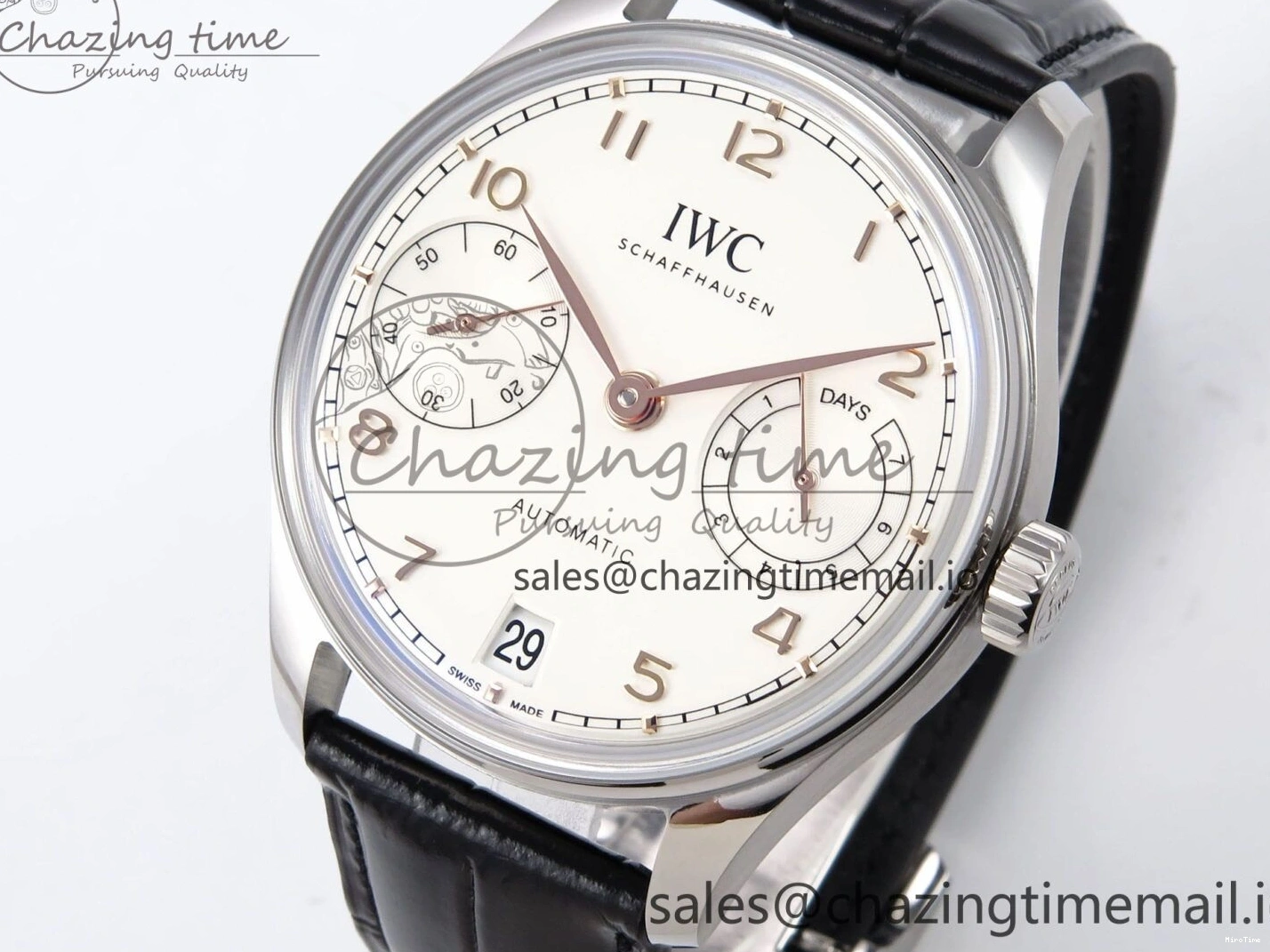 MIROTIME 0308 OnTrend Portugieser Automatic 42mm SS APSF 1:1 Best Edition White RG Dial on Black Leather Strap A 7010